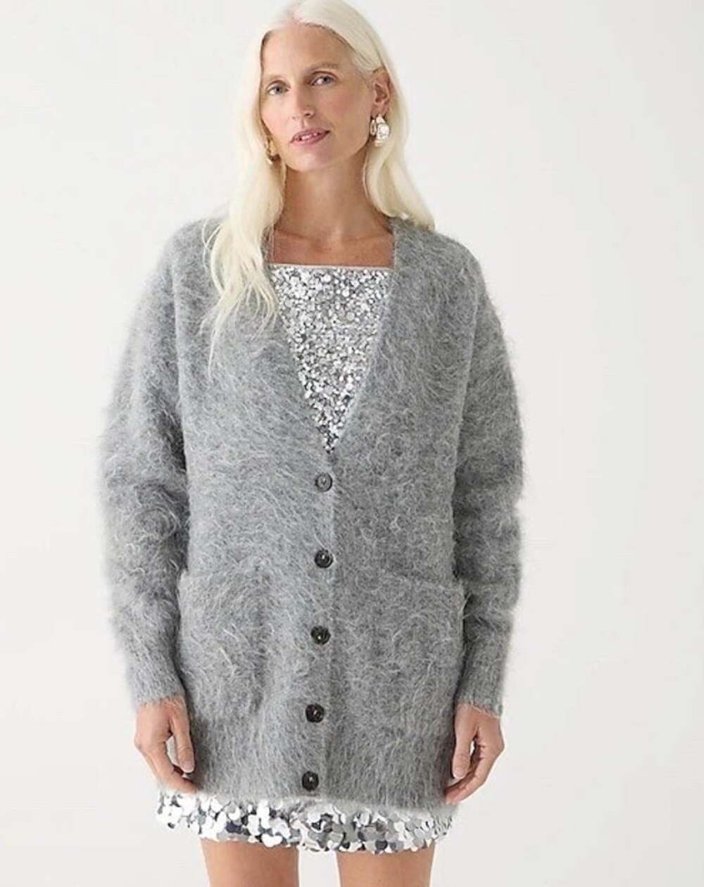 J. CREW Relaxed V Neck Cardigan Sweater Ash Gray Brushed Yarn Women's 2XS